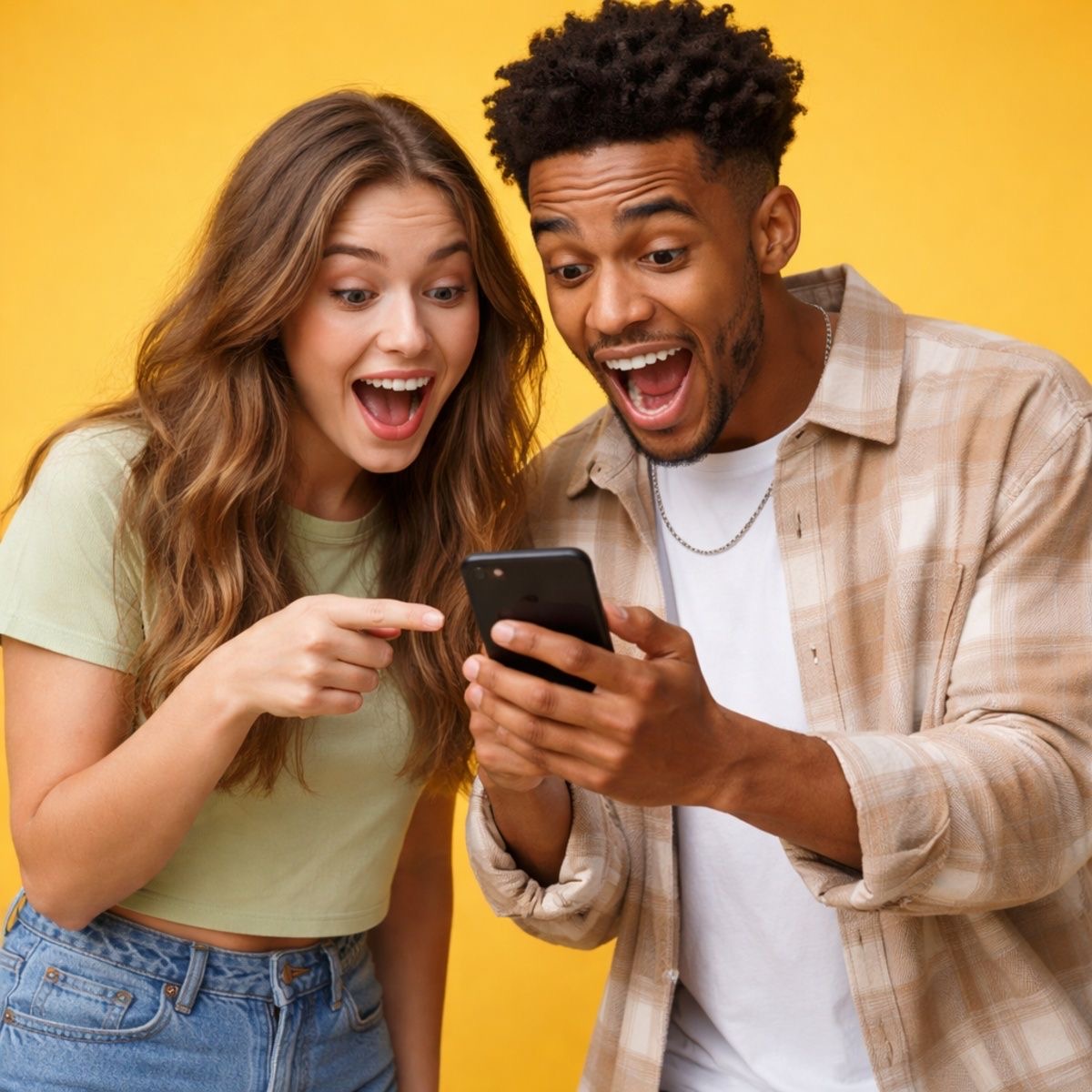 Excited customers checking their new data bundle on a phone